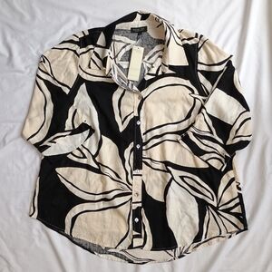 Rachel Zoe Linen Blend Blouse Women's Plus 1X Collared 3/4 Sleeve Beige Black